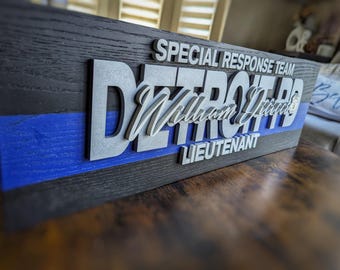 Letrero de madera personalizado de oficial de policía / Línea Azul Delgada, Nombre personalizado