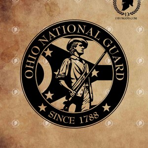 May include: Black and white illustration of a soldier holding a rifle, with the words "Ohio National Guard Since 1788" around the outside of the image.