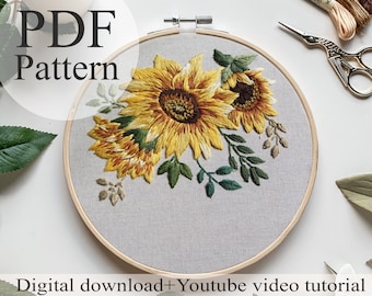 PDF Pattern - Sunflower - Beginner Embroidery | Embroidery youtube | Floral embroidery pattern | Embroidery pdf | Digital pdf