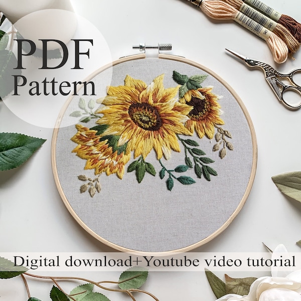 PDF Pattern - Sunflower - Beginner Embroidery | Embroidery youtube | Floral embroidery pattern | Embroidery pdf | Digital pdf