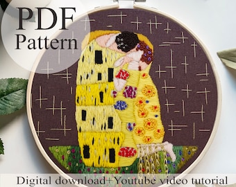 Patrón PDF - Klimt El Beso - Bordado para principiantes / Bordado youtube / Patrón de bordado floral / Bordado pdf / PDF digital