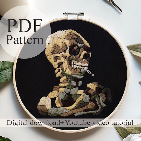 PDF Pattern - Van Gogh Skeleton - Beginner Embroidery | Embroidery youtube | Floral embroidery pattern | Embroidery pdf | Digital pdf