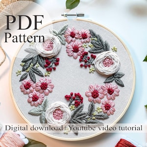 PDF Pattern - flower wreath 022 - Beginner Embroidery | Embroidery youtube | Floral embroidery pattern | Embroidery pdf | Digital pdf