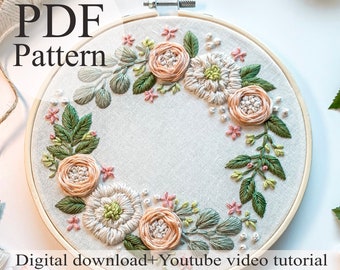 PDF Pattern - Flower wreath 023- Beginner Embroidery | Embroidery youtube | Floral embroidery pattern | Embroidery pdf | Digital pdf