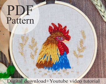 PDF Pattern - Rooster - Beginner Embroidery | Embroidery youtube | Floral embroidery pattern | Embroidery pdf | Digital pdf