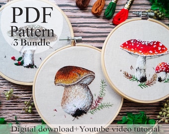PDF Pattern - 3 Mushroom bundle - Beginner Embroidery | Embroidery youtube | Floral embroidery pattern | Embroidery pdf | Digital pdf