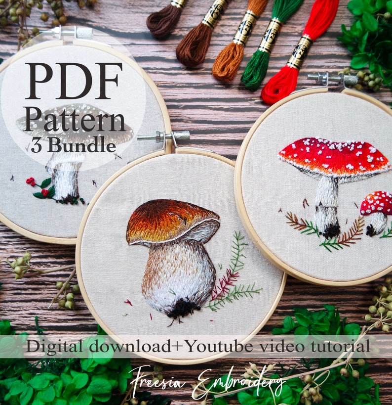 PDF Pattern 3 Mushroom bundle Beginner Embroidery Embroidery youtube Floral embroidery pattern Embroidery pdf Digital pdf image 1