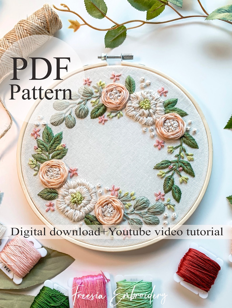 PDF Pattern Flower wreath 023 Beginner Embroidery Embroidery youtube Floral embroidery pattern Embroidery pdf Digital pdf image 1