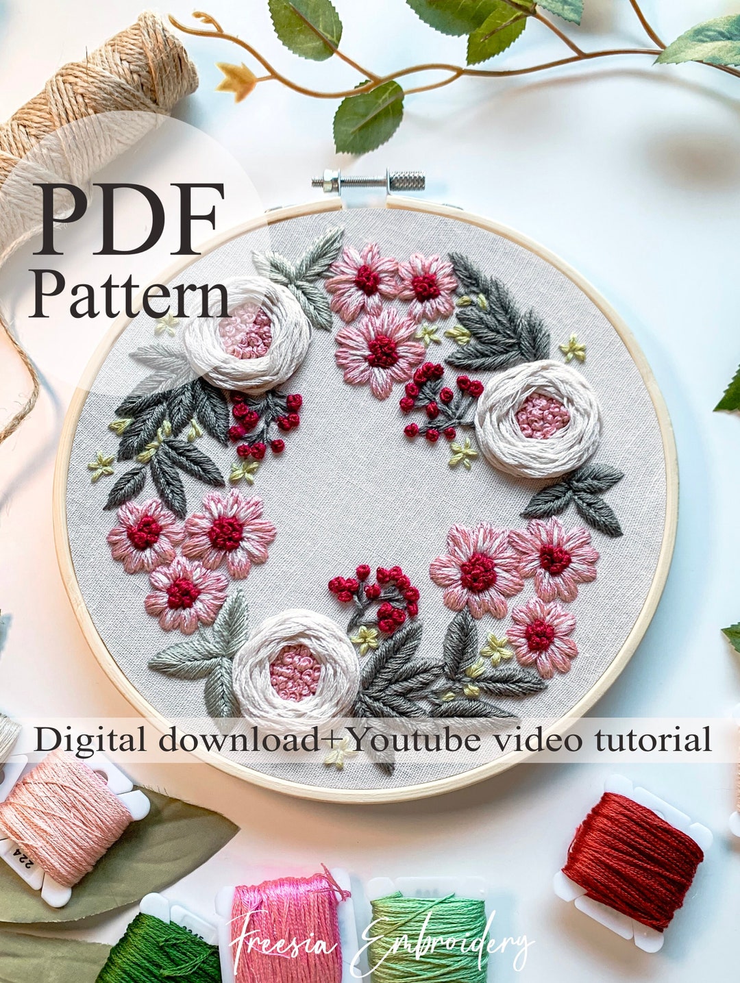 PDF Pattern - Flower Wreath 022 - Beginner Embroidery | Embroidery ...
