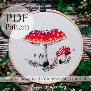 PDF Pattern - Red mushroom - Beginner Embroidery | Embroidery youtube | Floral embroidery pattern | Embroidery pdf | Digital pdf