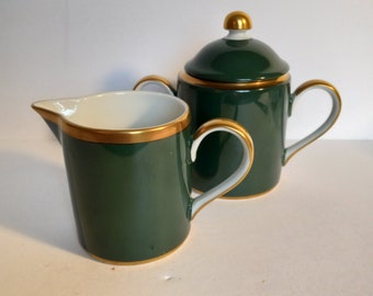 VINTAGE Fitz and Floyd Renaissance Set of Sugar Bowl and Creamer Green and Gold