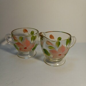MCM Bartlett Collins Hand Painted Sugar Bowl and Creamer Set Pink Flowers