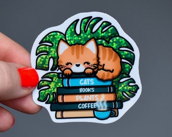 Autocollant Chat Livres Monstera Café avec effet pailleté imperméable pour Kindle