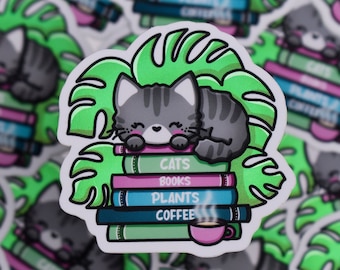 Autocollant chat gris livres monstera café imperméable pour Kindle