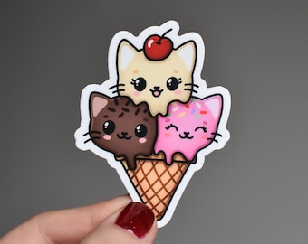 Autocollant chats glacés cornet de glace imperméable avec cerises et chats kawaii