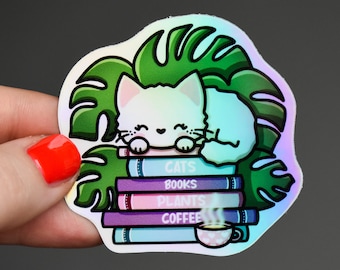 Autocollant chat livres blancs monstera café étanche holographique pour Kindle