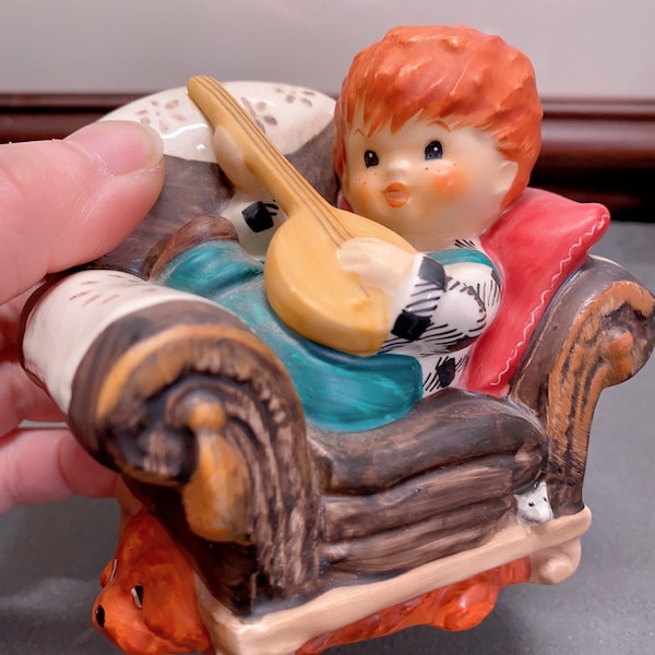 1958 Hummel Goebel Charlot Redhead “Off Key“ Boy on Sofa With Banjo Dog