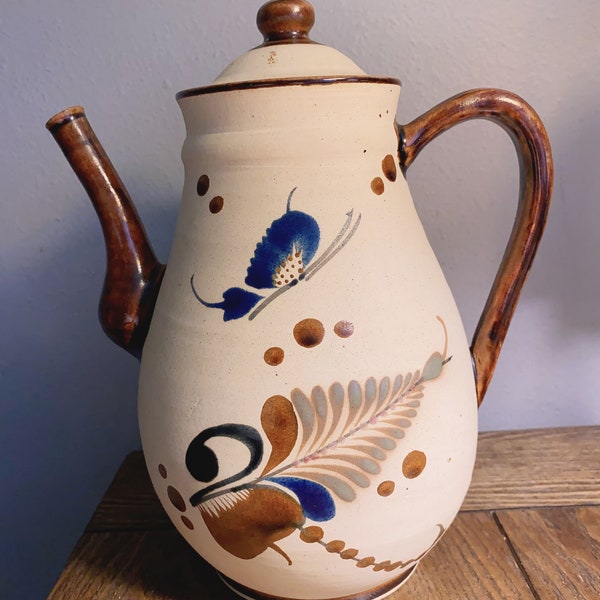 Vintage tonala teapot, blue flowers bird brown floral design beige, hand made and hand painted in Mexico, signed