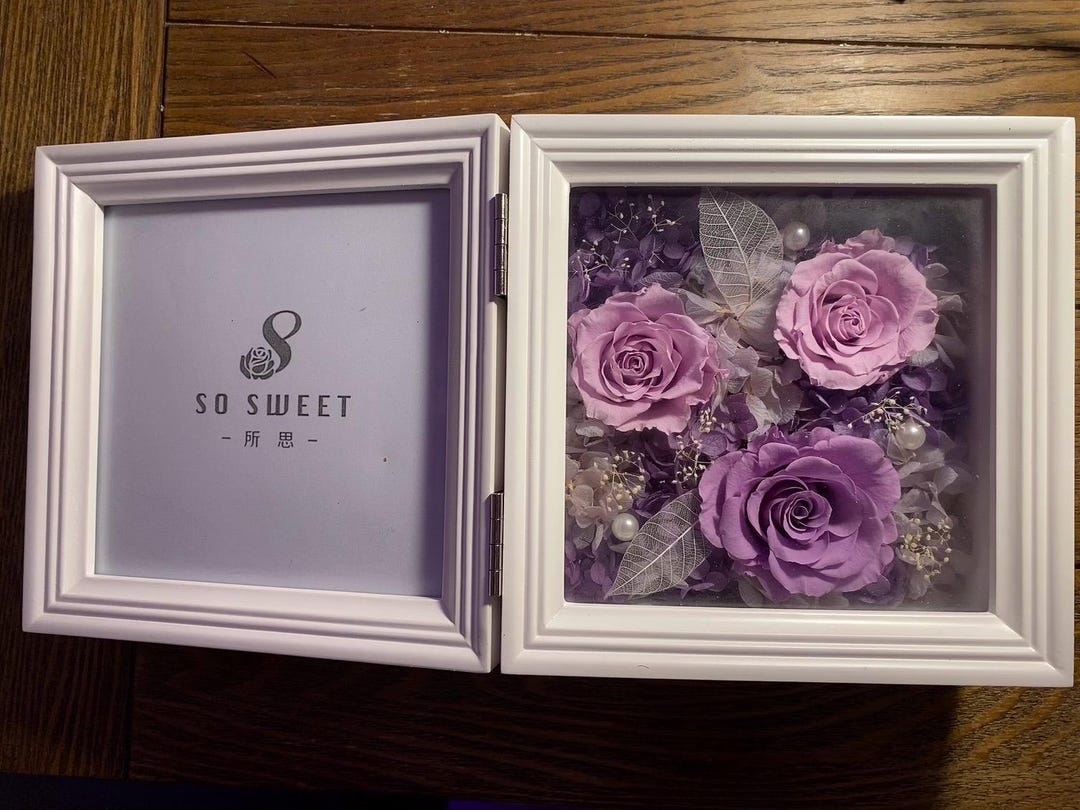 Dry Purple Rose and Photo Memory Box, White Box With Glass Cover, 7”x 7 ...