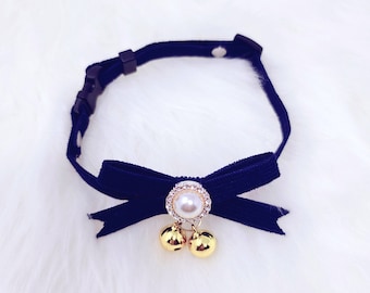 Cute Velvet Dog or Cat Bell Collar • Navy Blue Sweet Kawaii Pet Collar