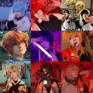 May include: A collage of nine images featuring individuals in various anime-inspired costumes. The images showcase a variety of characters, including a blue-haired character with a white collar, a red-haired character with a black vest, and a blonde-haired character in a maid outfit. The images are set against a variety of backgrounds, including a forest, a room, and a stage.