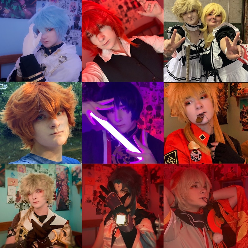 May include: A collage of nine images featuring individuals in various anime-inspired costumes. The images showcase a variety of characters, including a blue-haired character with a white collar, a red-haired character with a black vest, and a blonde-haired character in a maid outfit. The images are set against a variety of backgrounds, including a forest, a room, and a stage.