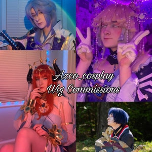 May include: Four people in cosplay costumes, with the text "Azco-cosplay Wig Commissions" in the center of the image.