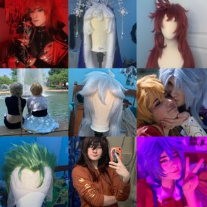 May include: A collage of nine images featuring various wigs in different colors and styles, including green, blue, white, and red. Some wigs are on mannequin heads, while others are worn by people. The images showcase a variety of wig styles and colors.