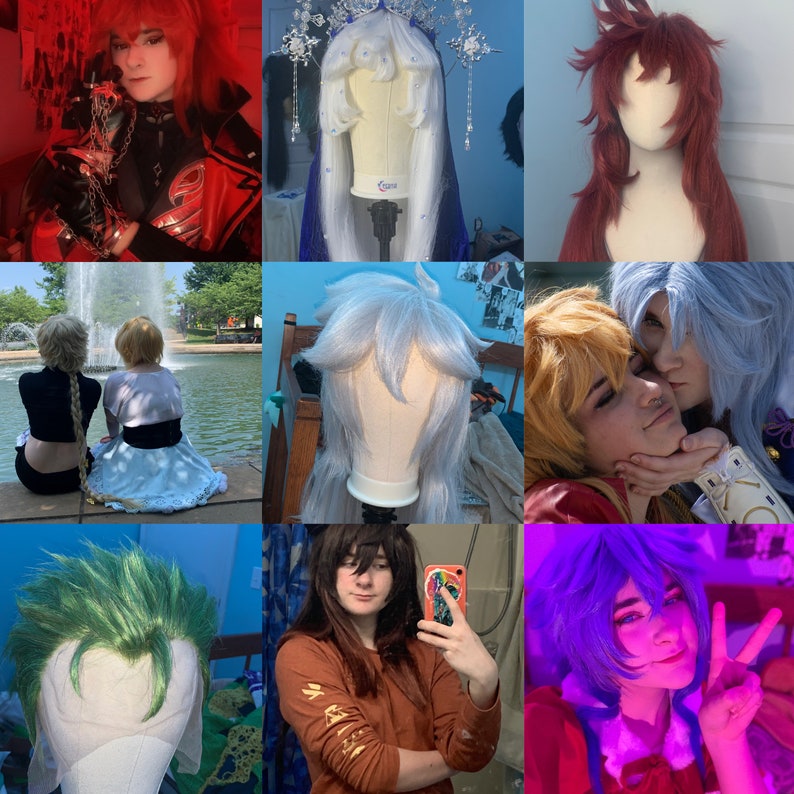 May include: A collage of nine images featuring various wigs in different colors and styles, including green, blue, white, and red. Some wigs are on mannequin heads, while others are worn by people. The images showcase a variety of wig styles and colors.