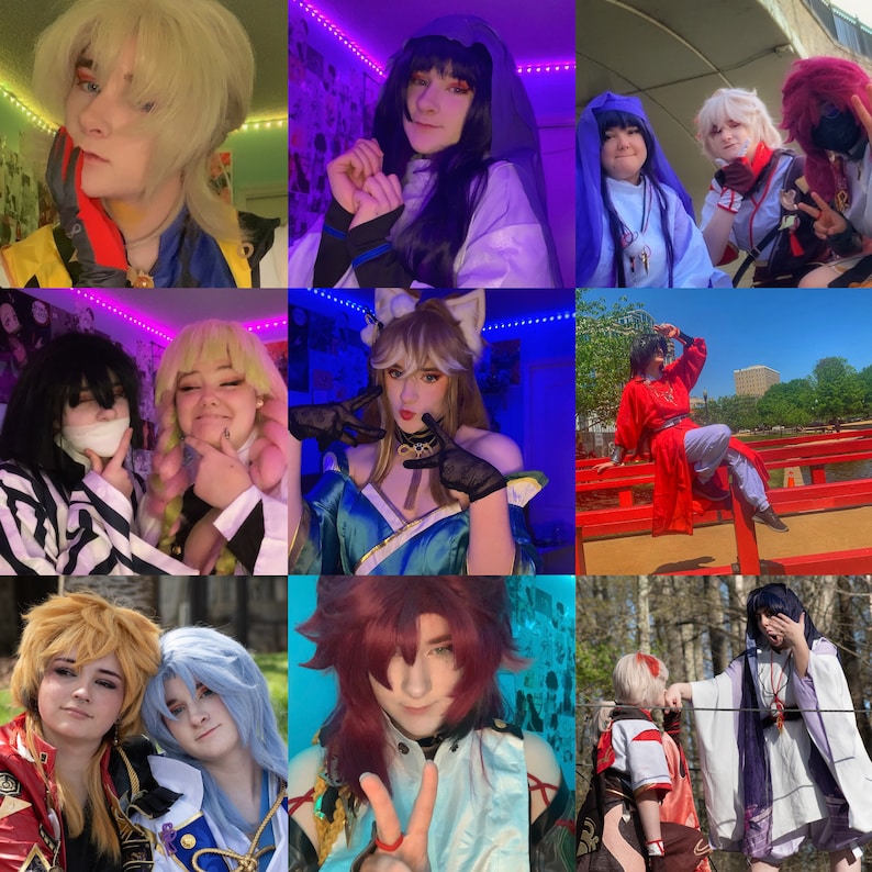 May include: A collage of nine images featuring people dressed in various anime and video game character costumes. The images are arranged in a 3x3 grid. The costumes include a variety of colors and styles, such as a blue and white kimono, a red and black outfit, and a purple and white dress.