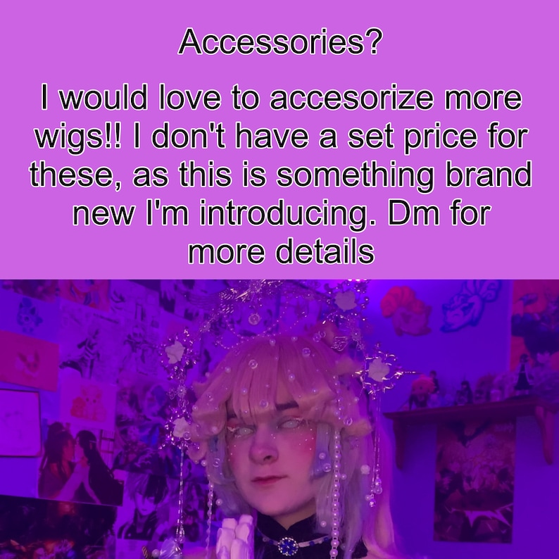 May include: A person wearing a light pink wig with a pearl and crystal crown. The wig is styled with bangs and side swept layers. The person is wearing a black choker with a blue jewel. The background is a purple wall with various posters and decorations.