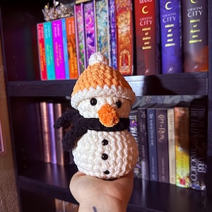 May include: A handmade crochet snowman with a white body, orange hat, black scarf, and a carrot nose. The snowman has black button eyes and is held in front of a bookshelf filled with books.