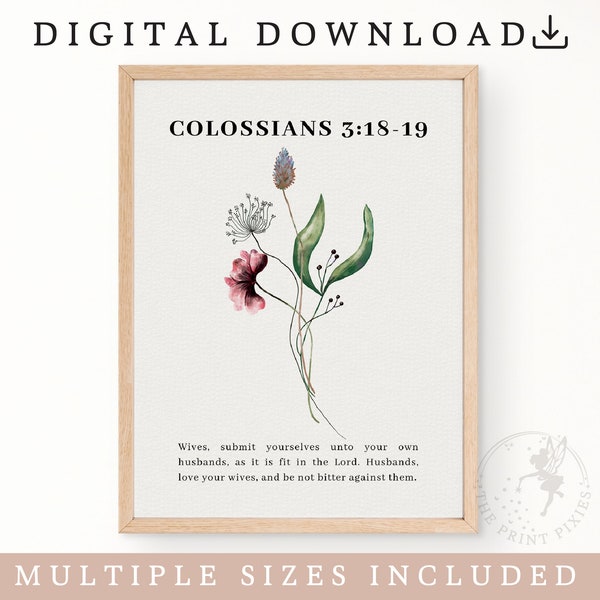 Colosenses 3:18-19, Descarga digital de arte de pared de flores, Vivero de impresión de versículos bíblicos, Arte de versículos bíblicos para vivero / FEAT02 CHR26