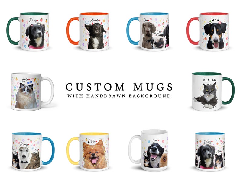 a group of coffee mugs with dogs and cats on them