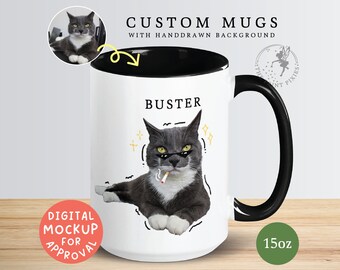 Personalized Cat Mom Mug, Custom Cat Portrait From Photo, Funny Gift For Cat Lover | MG10038, 15oz Custom Mug Color Inside