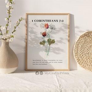 1 Corinthians 7:2, Bible Verse Print Nursery, Modern Christian Art Large, Flowers Wall Art Print FEAT02 CHR20 image 2