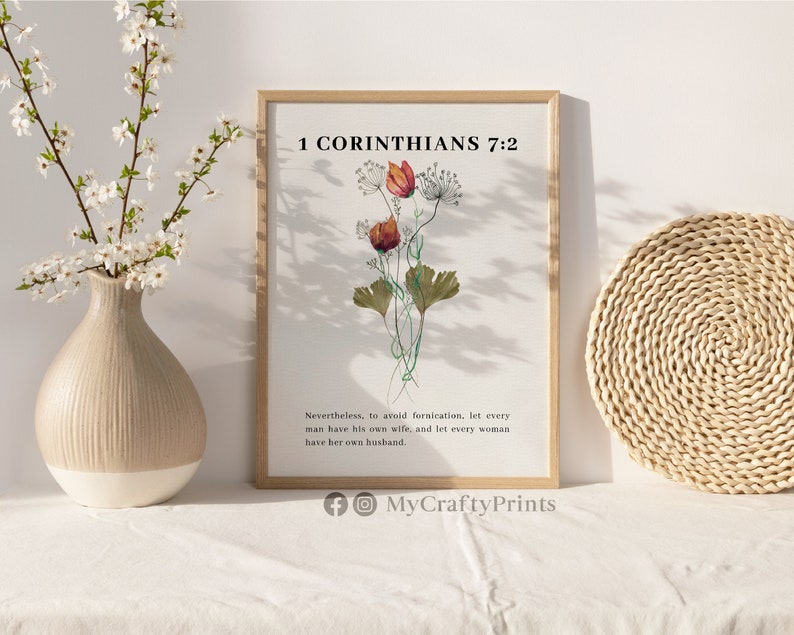 1 Corinthians 7:2, Bible Verse Print Nursery, Modern Christian Art Large, Flowers Wall Art Print FEAT02 CHR20 image 2