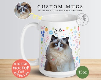 Taza personalizada para mamá gato, retrato de mascota de foto de gato, regalos personalizables para mamá gato / MG10051, taza blanca brillante personalizada de 15 oz