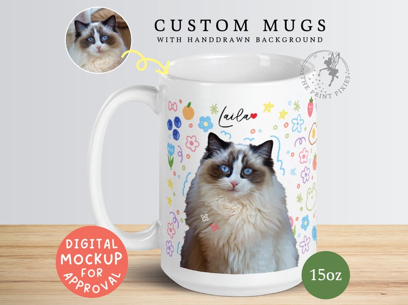 Custom Cat Mom Mug, Pet Portrait From Photo Cat, Customizable Cat Mom Gifts MG10051, 15oz Custom White Glossy Mug image 1