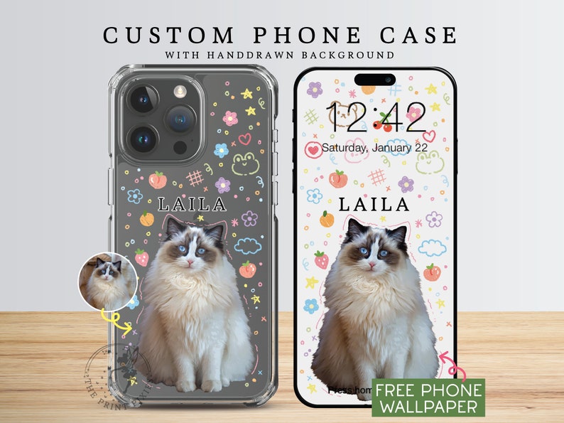 Clear Phone Case, iPhone 13 Mini Case, Aesthetic Phone Case, Cell Phone Case, Kawaii Phone Case PC10110, Clear Case with 1 Pet Photo image 2