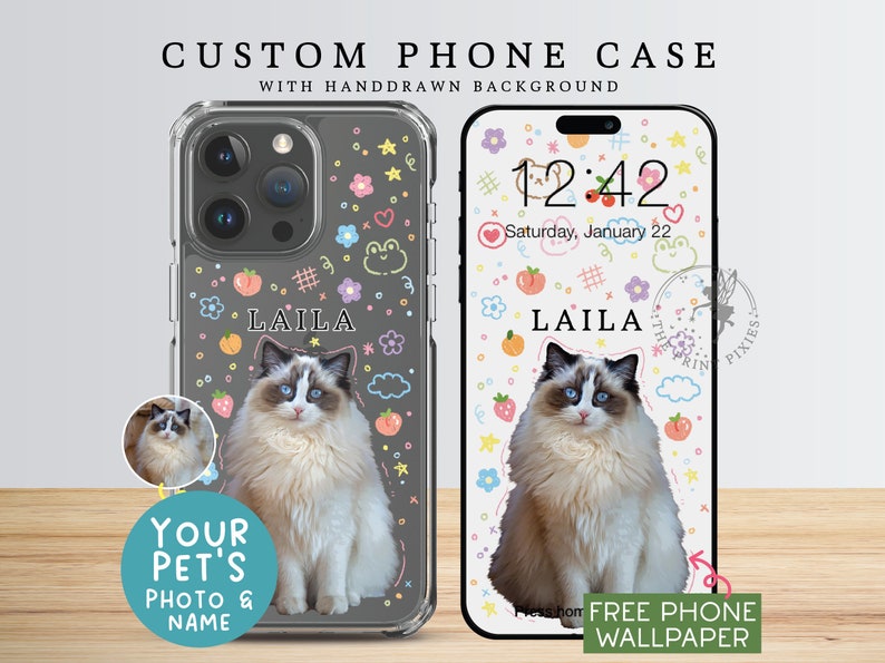 Clear Phone Case, iPhone 13 Mini Case, Aesthetic Phone Case, Cell Phone Case, Kawaii Phone Case PC10110, Clear Case with 1 Pet Photo image 1