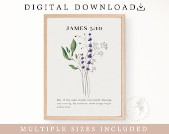 James 3:10, bloemposter vintage, christelijke muurkunst afdrukbaar, bijbelvers print kwekerij | FEAT02 CHR08