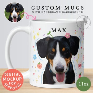 à café en céramique bleue et blanche, portrait d'animal de compagnie personnalisé à partir d'une photo, cadeaux d'anniversaire de chien MG10045, Mug blanc brillant personnalisé de 11 oz image 1