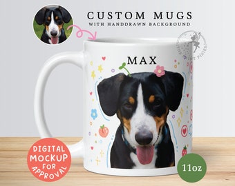 Blue And White Ceramic Coffee Mug, Custom Pet Portrait From Photo, Pet Gifts For Dogs Birthday | MG10045, 11oz Custom White Glossy Mug