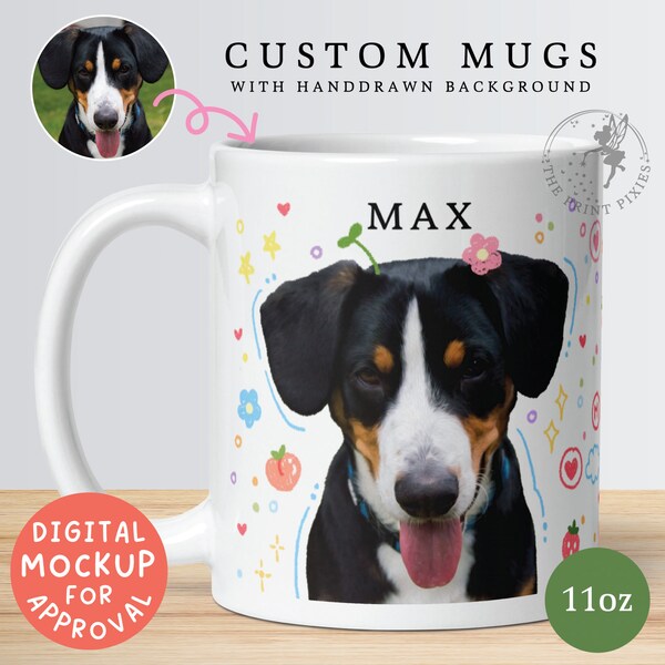 Taza de café de cerámica azul y blanca, retrato personalizado de mascota a partir de una foto, regalos de mascotas para cumpleaños de perros / MG10045, taza blanca brillante personalizada de 11 oz