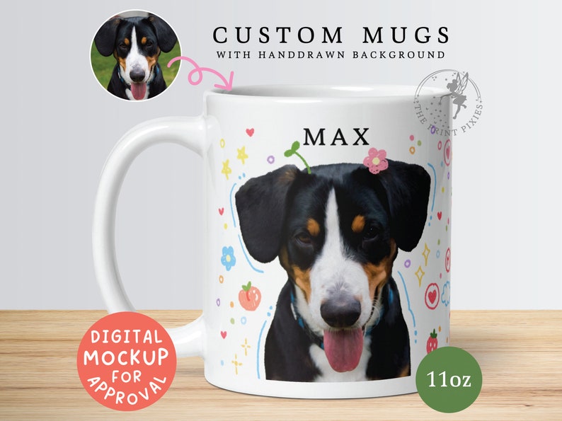 Blue And White Ceramic Coffee Mug, Custom Pet Portrait From Photo, Pet Gifts For Dogs Birthday MG10045, 11oz Custom White Glossy Mug imagem 1