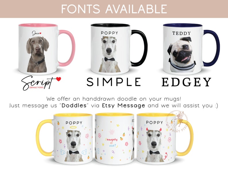 a set of four coffee mugs with dogs on them