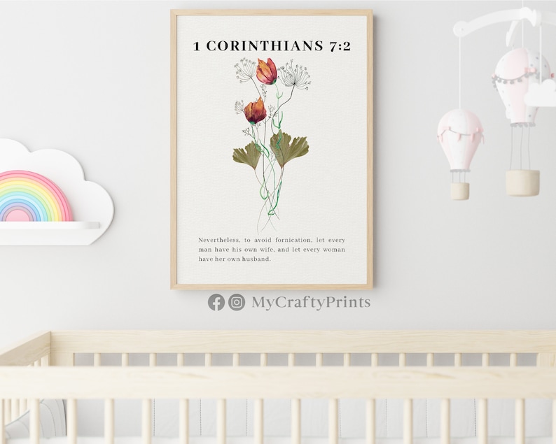 1 Corinthians 7:2, Bible Verse Print Nursery, Modern Christian Art Large, Flowers Wall Art Print FEAT02 CHR20 image 3