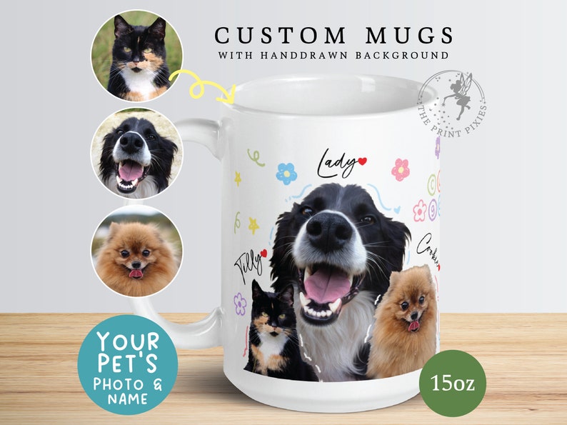 Mug chien drôle, portraits d'animal de compagnie personnalisés à partir d'une photo, cadeaux de décès d'un animal de compagnie MG10056, Mug blanc brillant personnalisé de 15 oz image 1