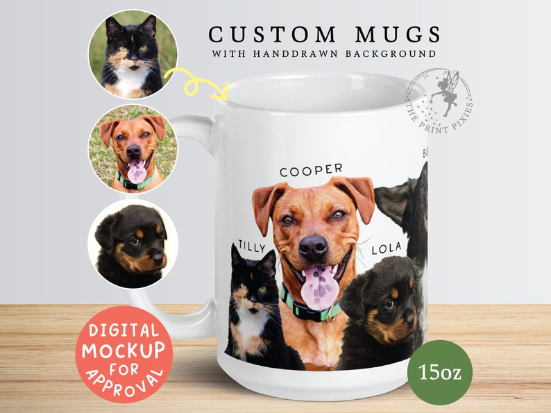 Personalized Mug With Picture Of Dog, Dog Portraits Custom Painting, Dog Bereavement Gift Rottweiler MG10057, 15oz Custom White Glossy Mug image 1